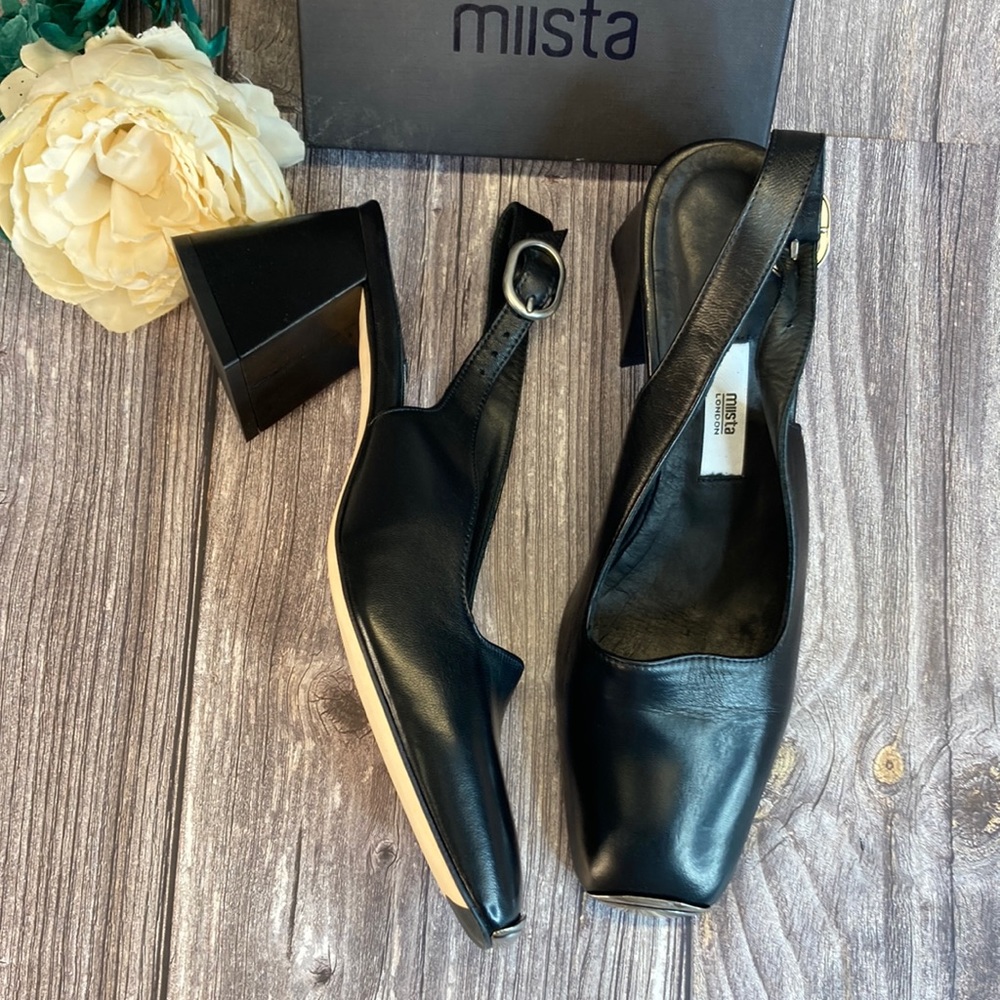MIISTA Canar Black Leather Square Toe Slingback Pump 39M